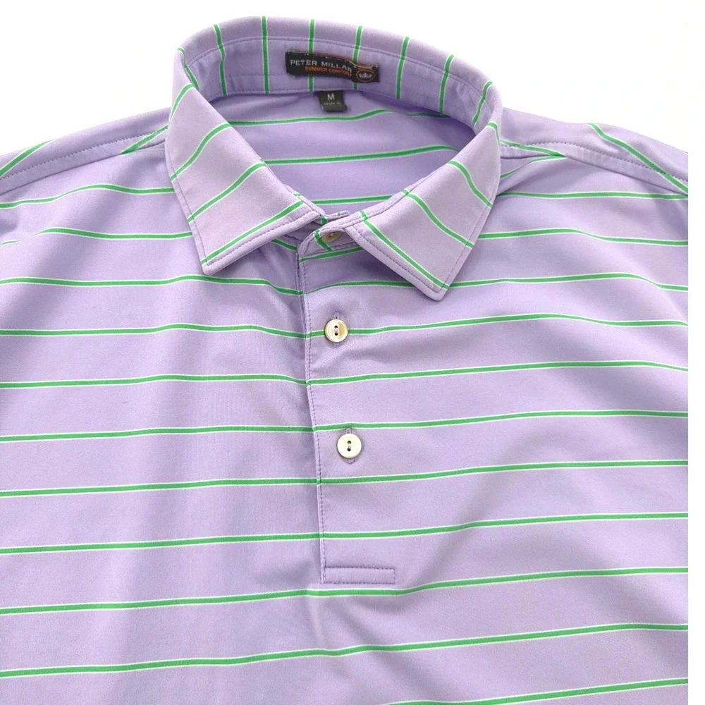 Peter Millar Golf Polo Shirt Size M Purple Green Striped Summer Comfort Short Sl